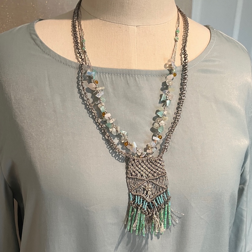 Boho Macrame Multi-Strand Tassel Necklace in Seafoam and Silver